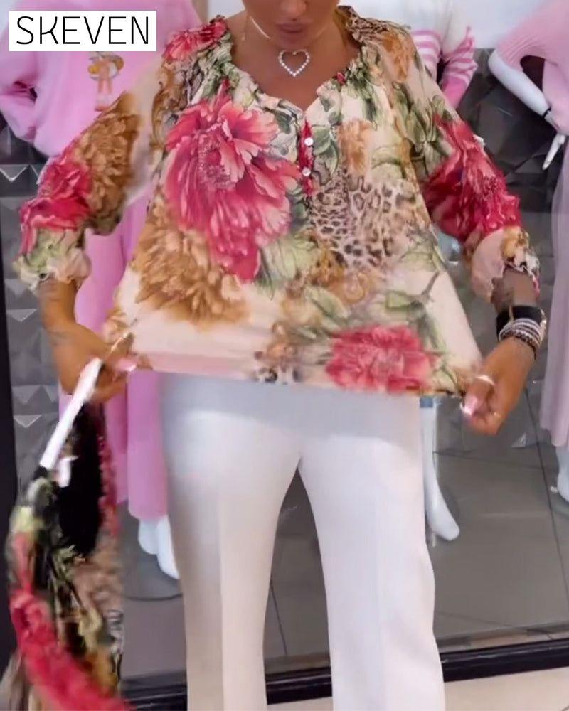 V-Neck Floral Print Blouse
