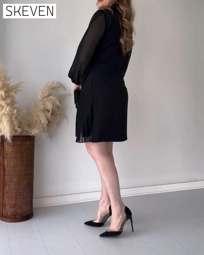 Pleated lapel long-sleeved dress