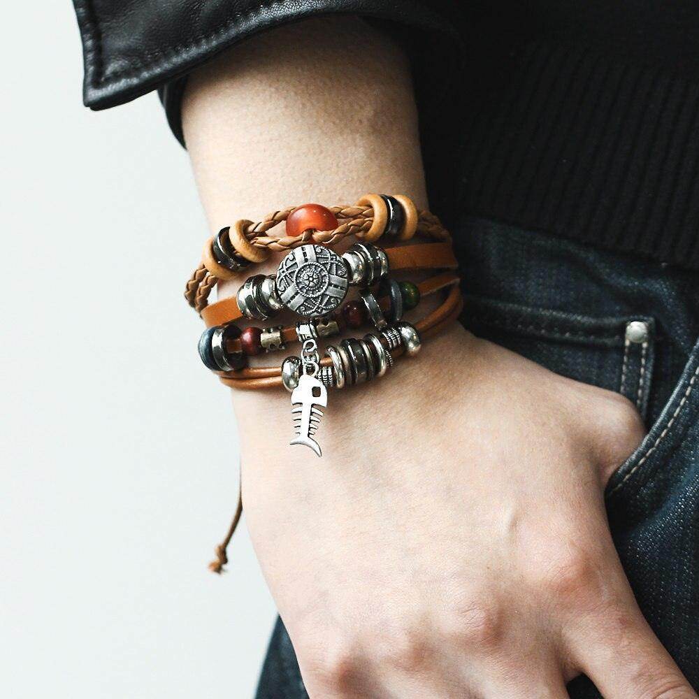 Mens Brown Beaded Charm Wristbands Rope Bracelet Set