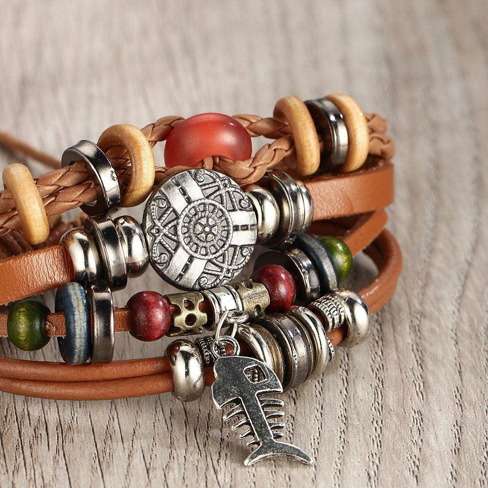 Mens Brown Beaded Charm Wristbands Rope Bracelet Set