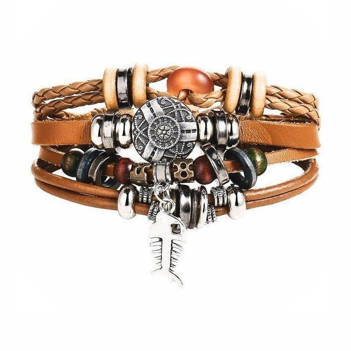 Mens Brown Beaded Charm Wristbands Rope Bracelet Set