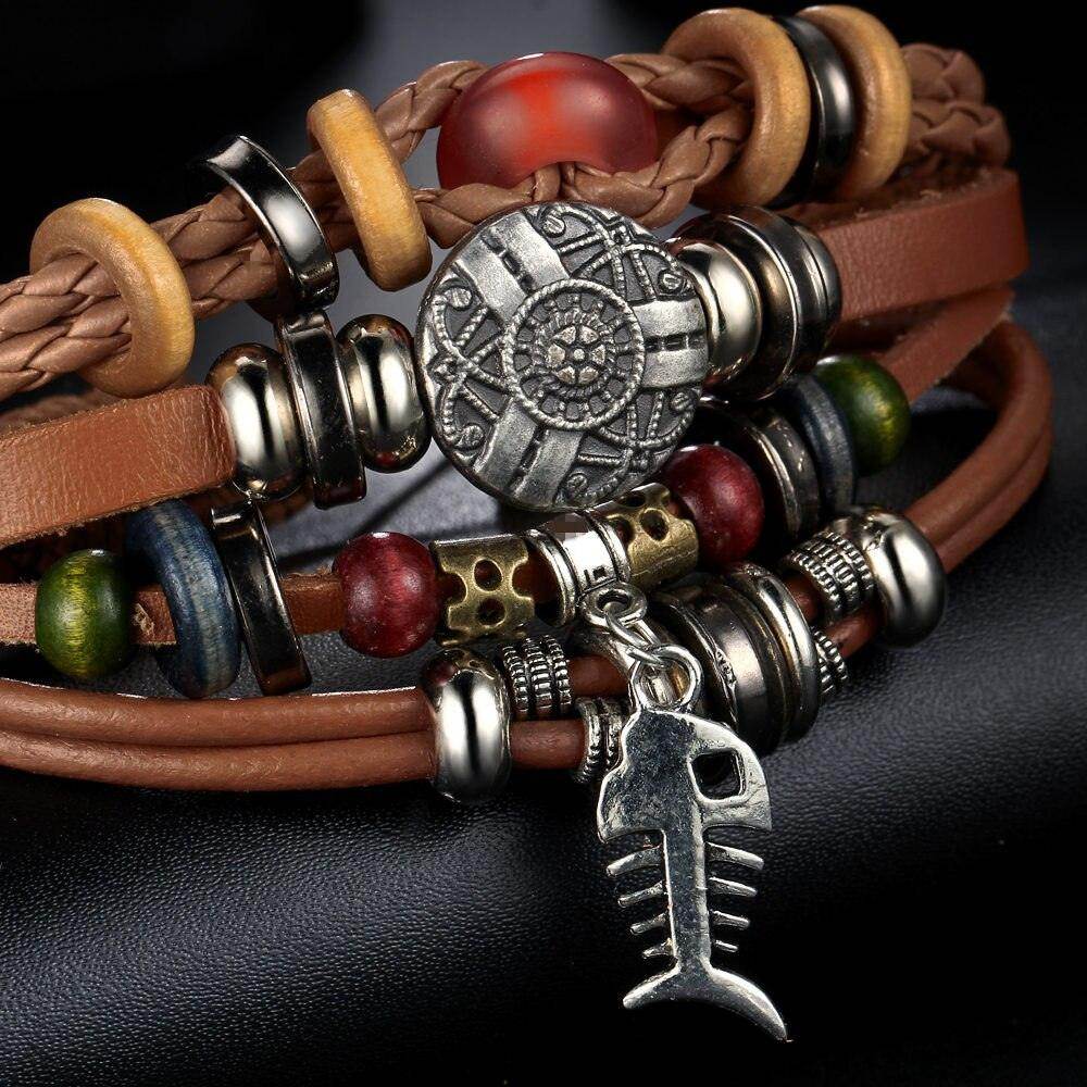 Mens Brown Beaded Charm Wristbands Rope Bracelet Set