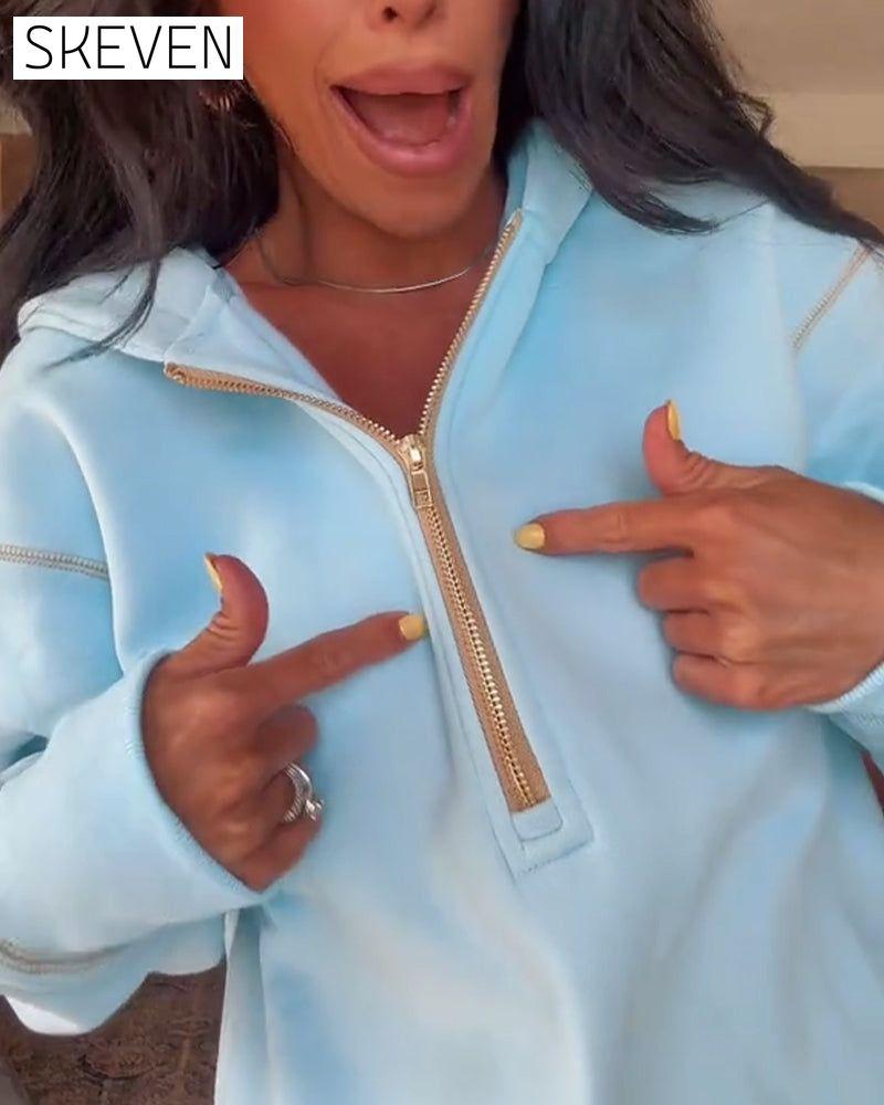 Casual Hooded Solid Color Zipper Sweatshirt