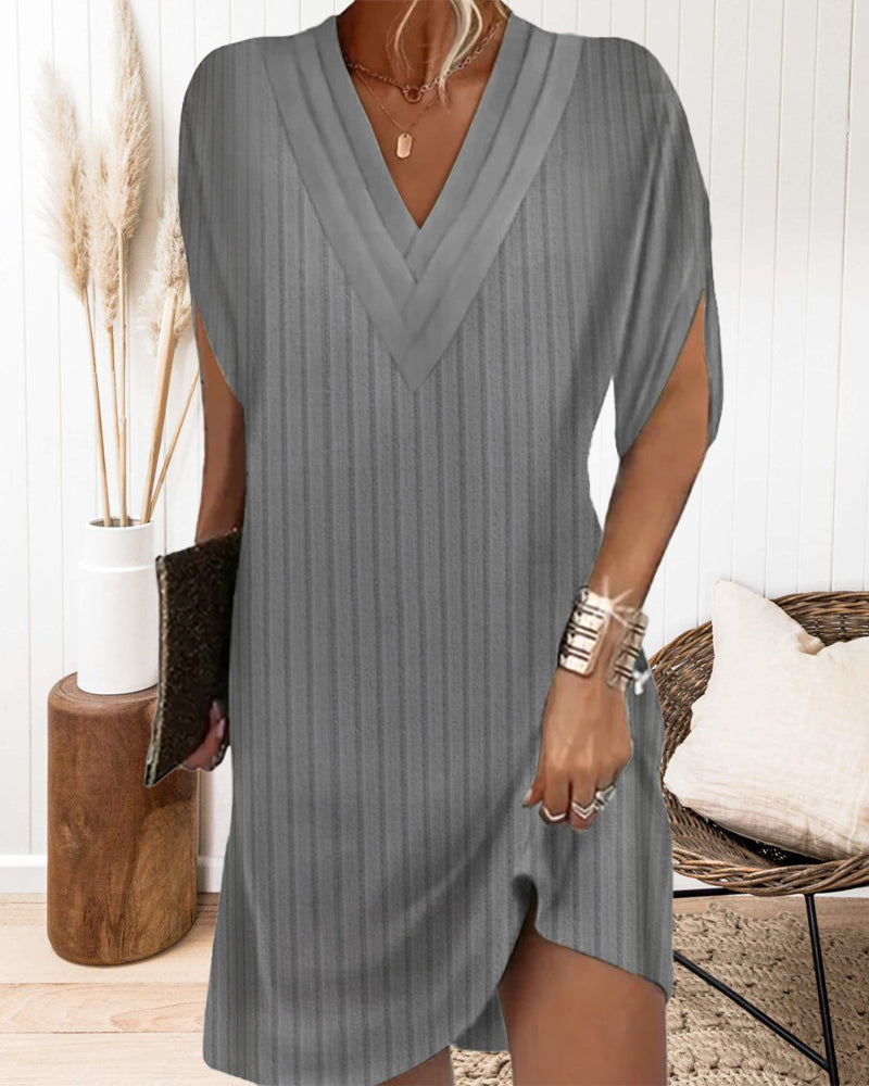 Casual solid color slit sleeves V-neck dress