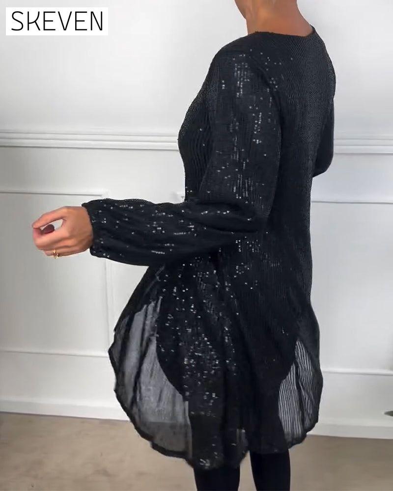 Elegantes, paillettenbesetztes A-Linien-Kleid mit Laternenärmeln