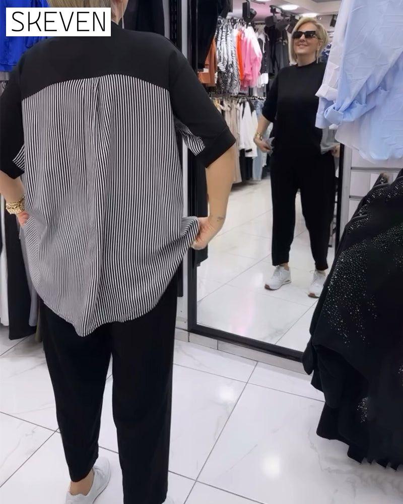 Pinstripe patchwork casual blouse blouses & shirts summer