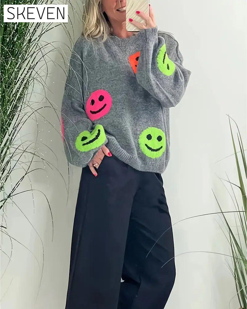Pullover mit Smiley-Gesicht und Rundhalsausschnitt