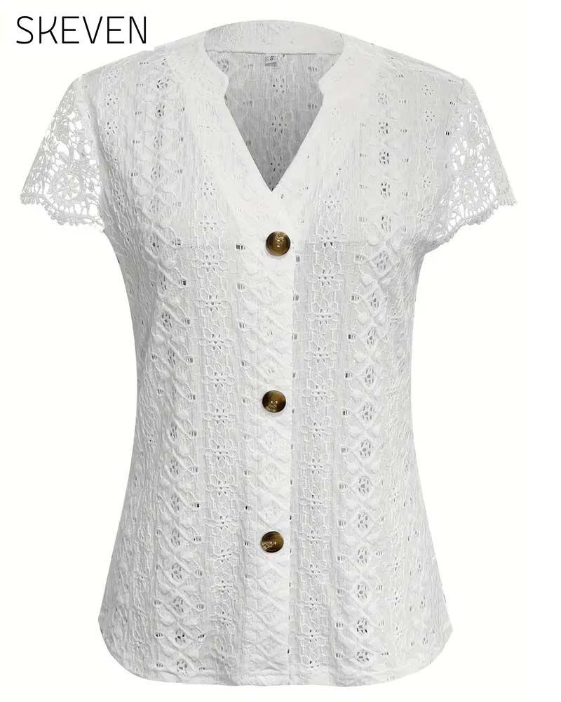 Solid Color Hollow Short-Sleeved Blouse
