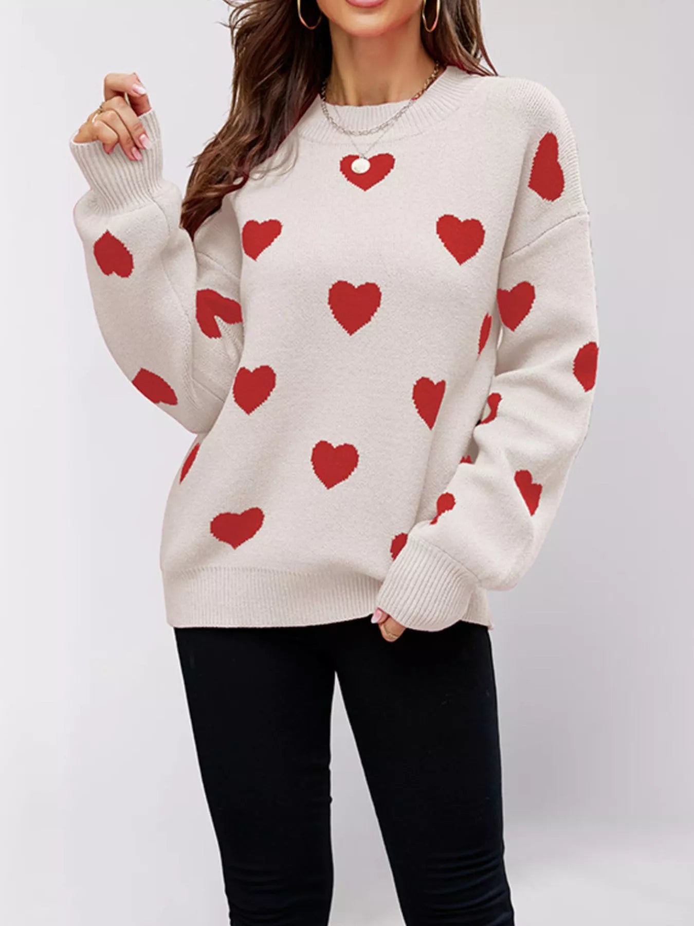 Heart-Patterned Dropped Shoulder Sweater