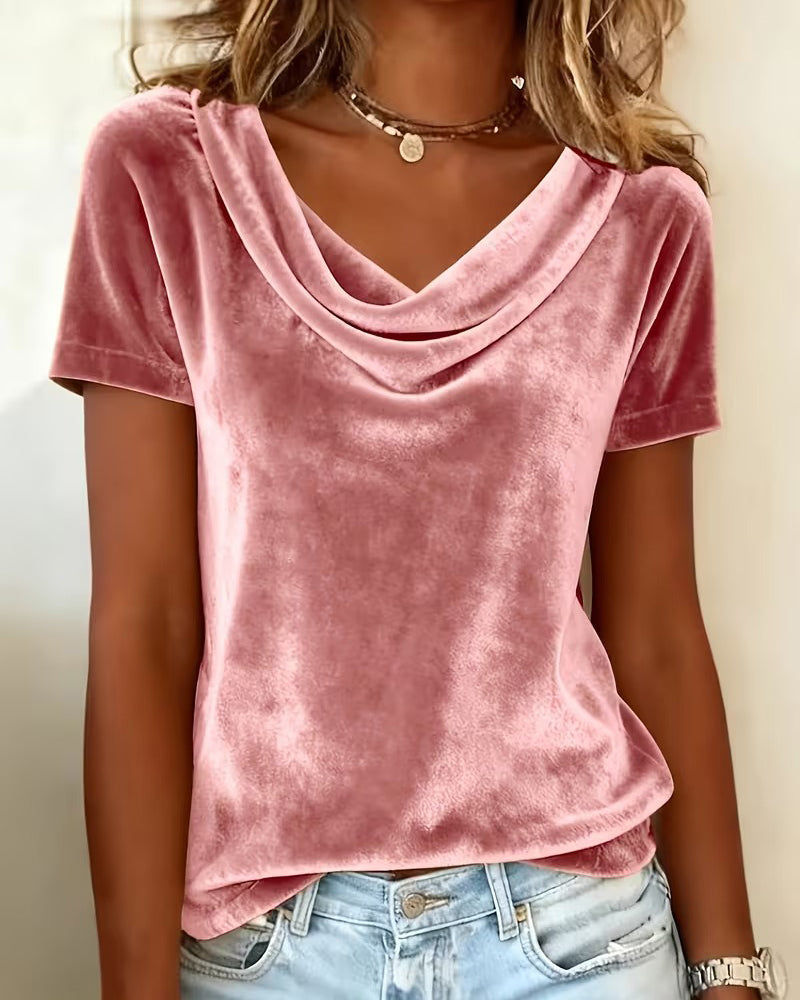 Draped Neck Short Sleeve Velvet T-shirt