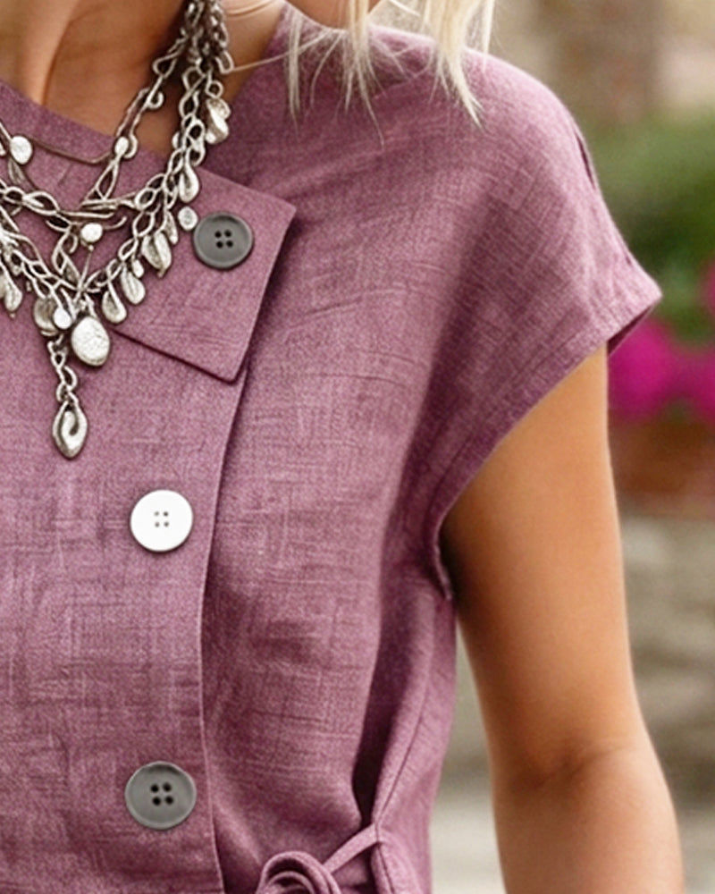 Asymmetrical Neck Tie Button Blouse