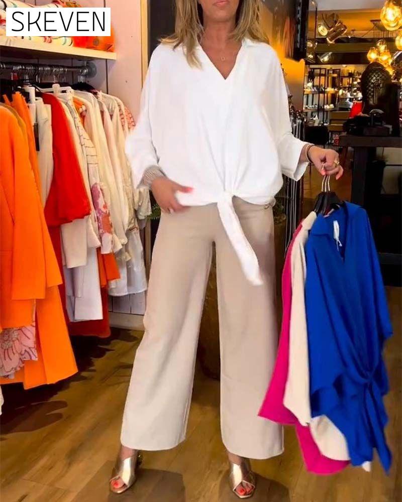 Tie Solid Color V-Neck Blouse
