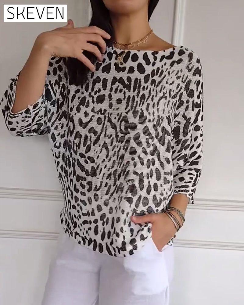 Three-Quarter Sleeve Leopard Print Loose Sweater