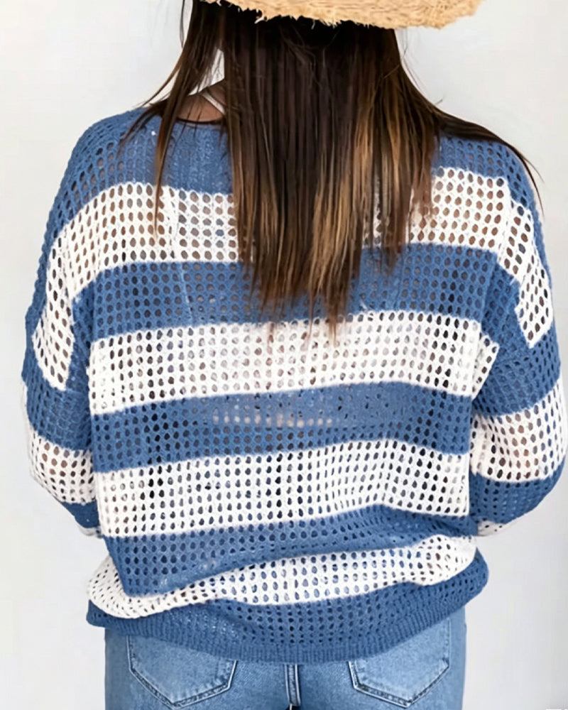 Striped Hollow Mesh Knit Tops
