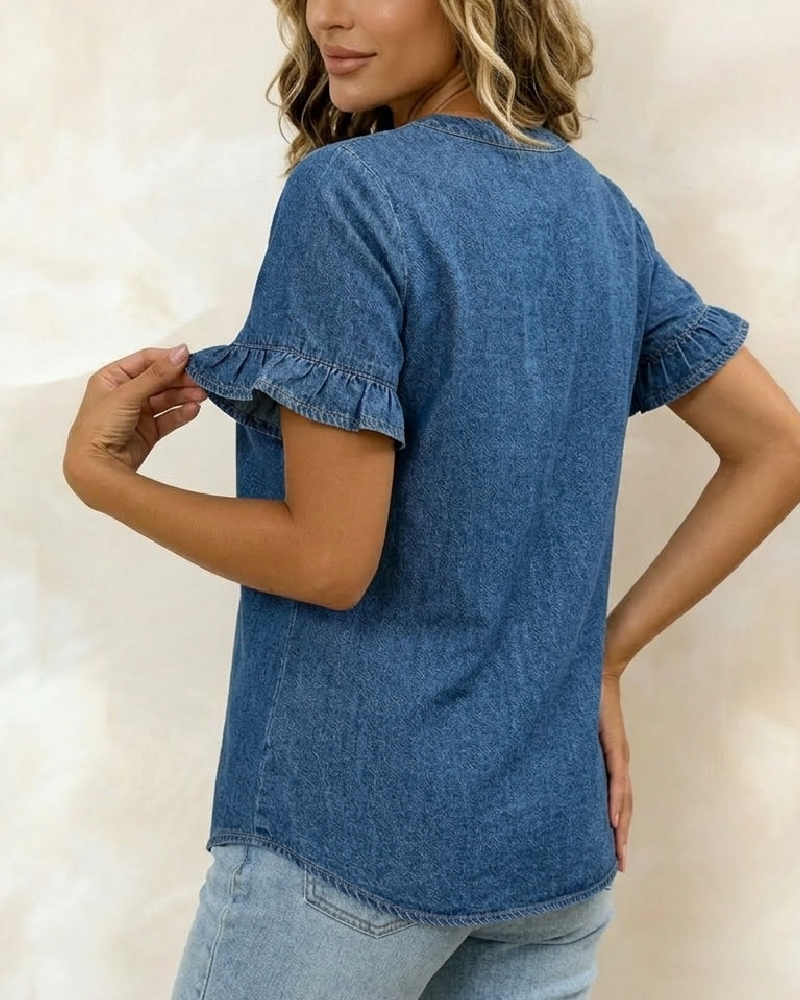Denim V-Neck Ruffled Short-Sleeve Blouse