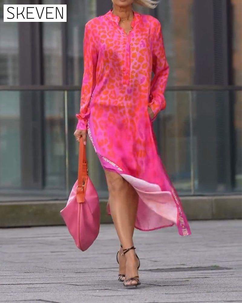 Long-Sleeved Leopard Print Slit Dress