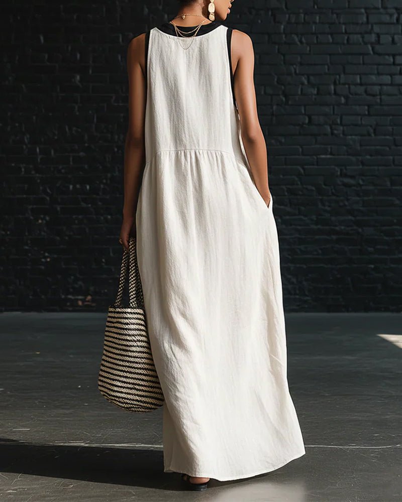 Color-Block V-Neck Tie Front Sleeveless Dress