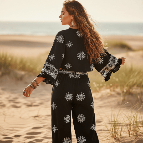 Boho Black Print Kimono & Wide Leg Pants Set