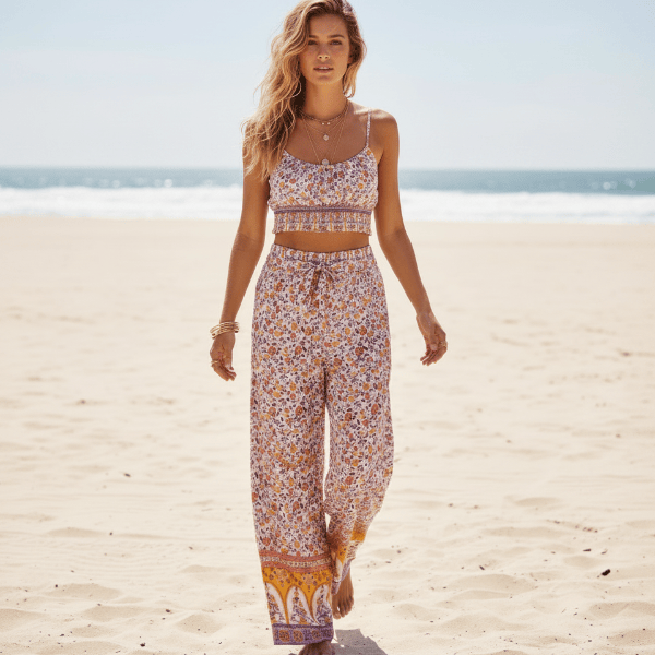 Boho Dusty Rose Floral Print Crop Top & Wide Leg Pants Set