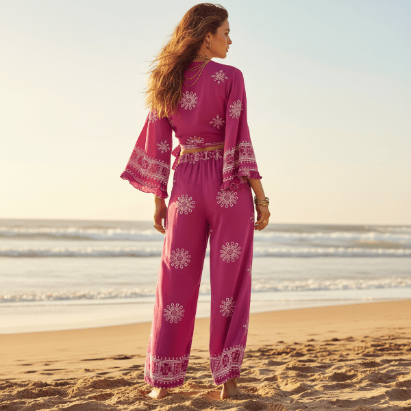 Boho Fuchsia Print Kimono & Wide Leg Pants Set