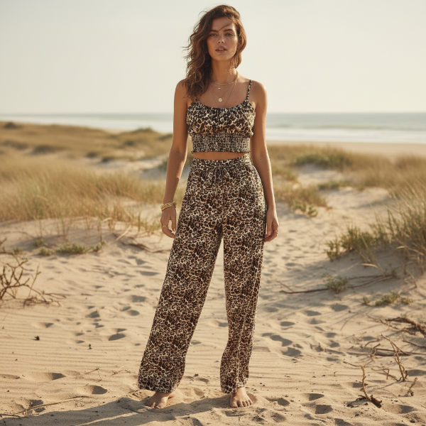 Boho Leopard Print Crop Top & Wide Leg Pants Set