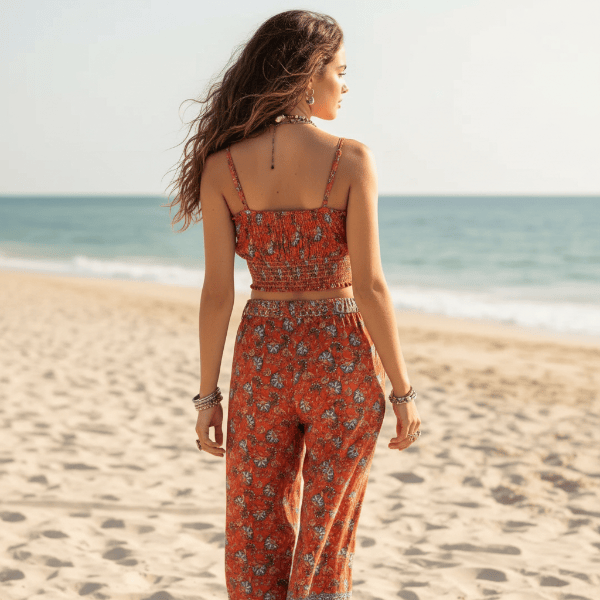 Boho Rust Floral Print Crop Top & Wide Leg Pants Set