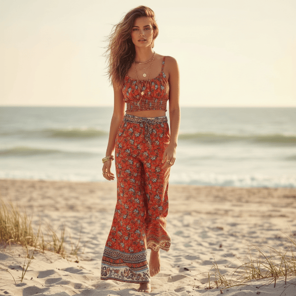 Boho Rust Floral Print Crop Top & Wide Leg Pants Set