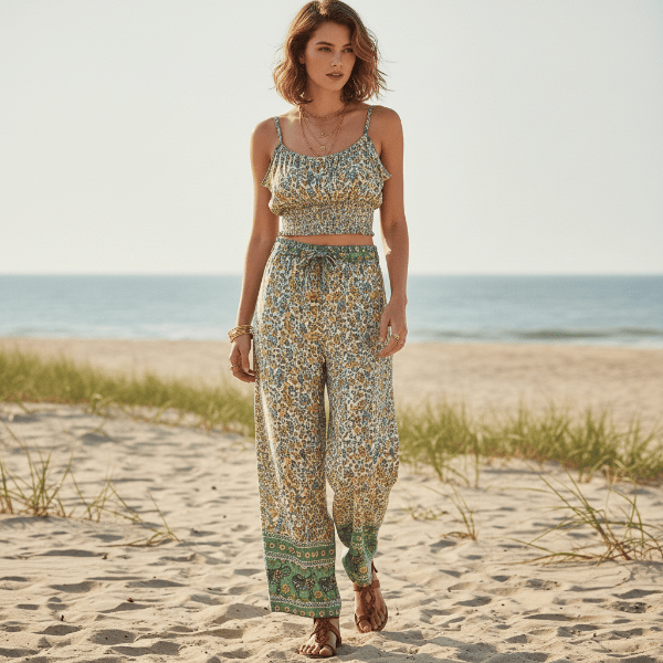 Boho Sage Green Floral Print Crop Top & Wide Leg Pants Set