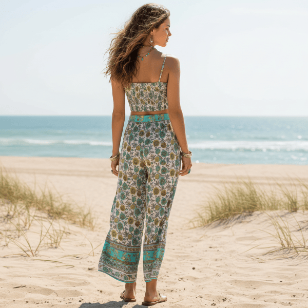 Boho Turquoise Floral Print Crop Top & Wide Leg Pants Set