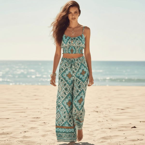Boho Turquoise Print Crop Top & Wide Leg Pants Set