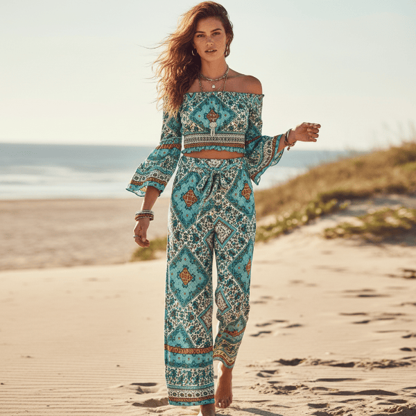 Boho Turquoise Print Long Sleeve Wide Leg Pants Set