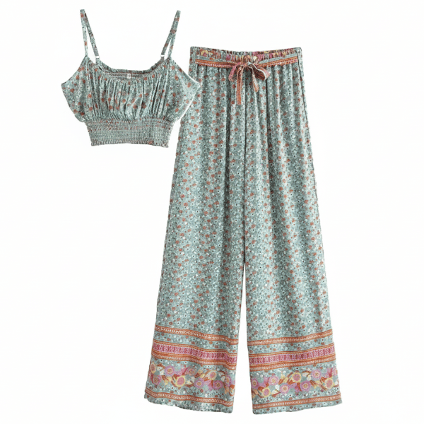Dusty Teal Floral Boho Matching Pants Set
