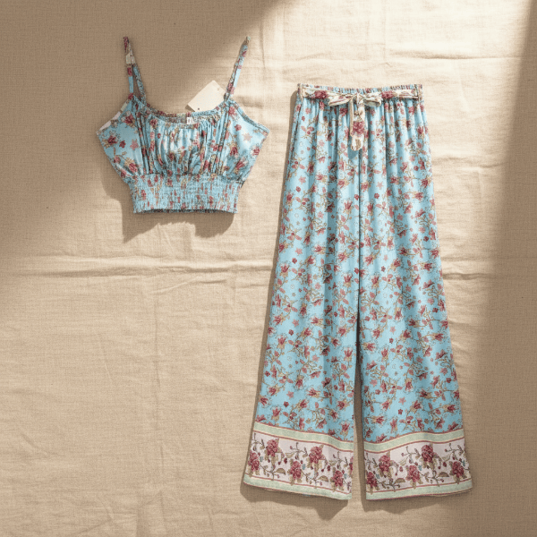 Light Blue Floral Wide Leg Matching Set