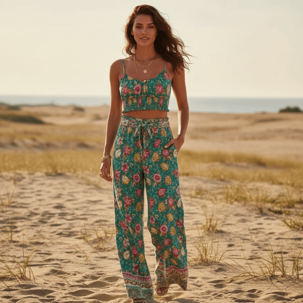 Teal Floral Boho Pant Set