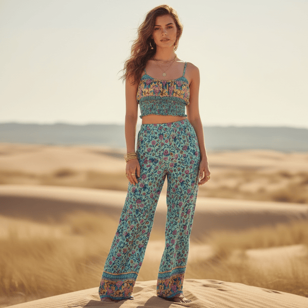 Turquoise Floral Wide Leg Matching Pants Set