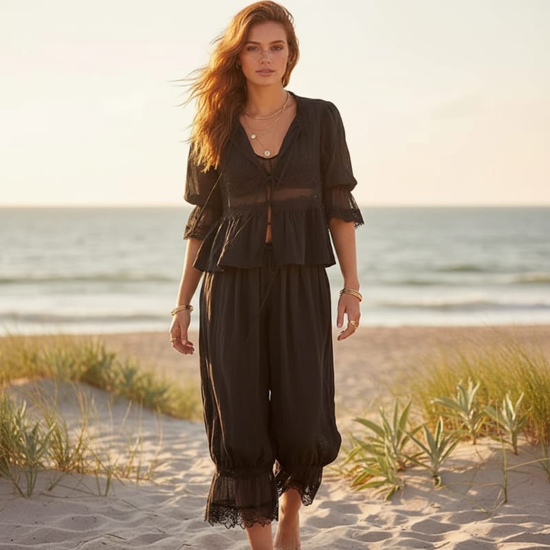 Boho Lace Trim 2-Piece Pants Set