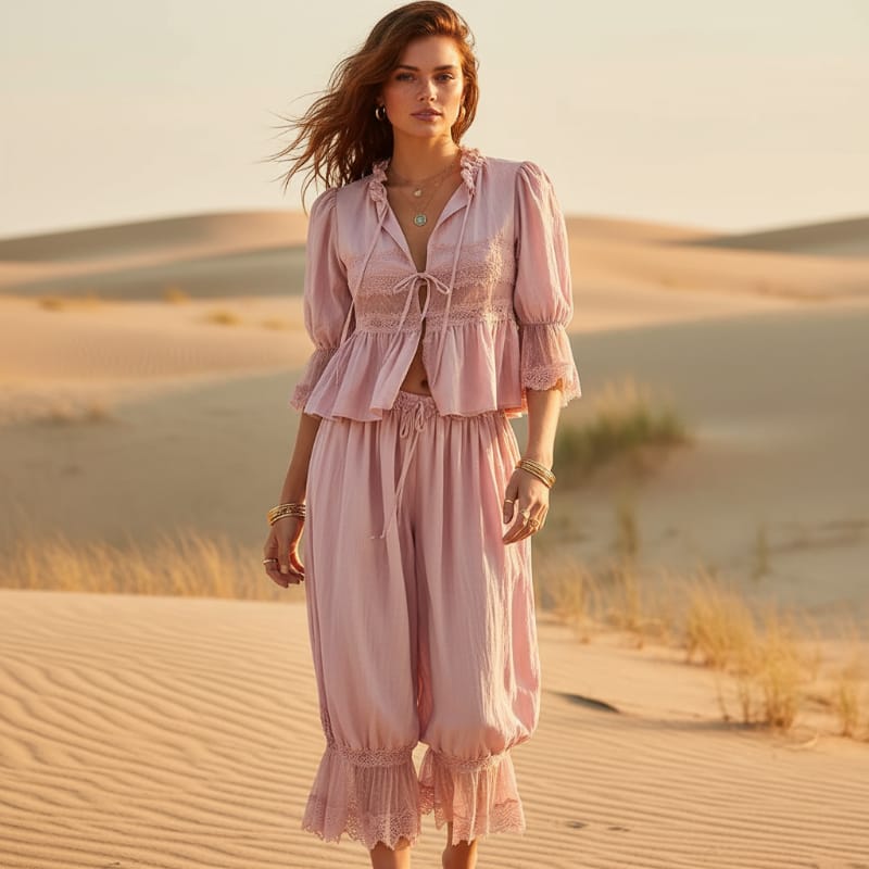 Boho Lace Trim 2-Piece Pants Set
