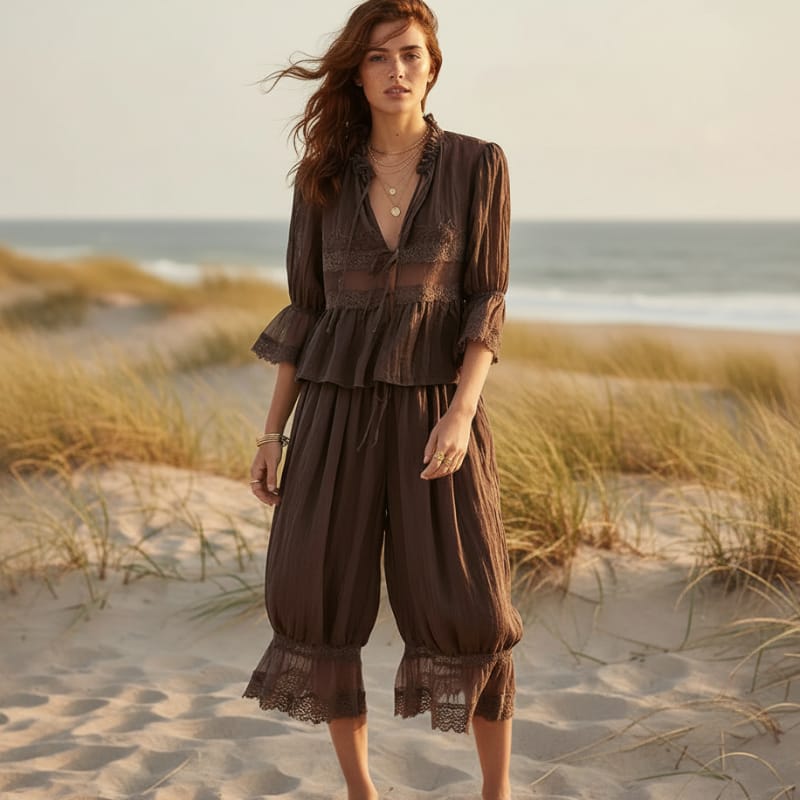 Boho Lace Trim 2-Piece Pants Set
