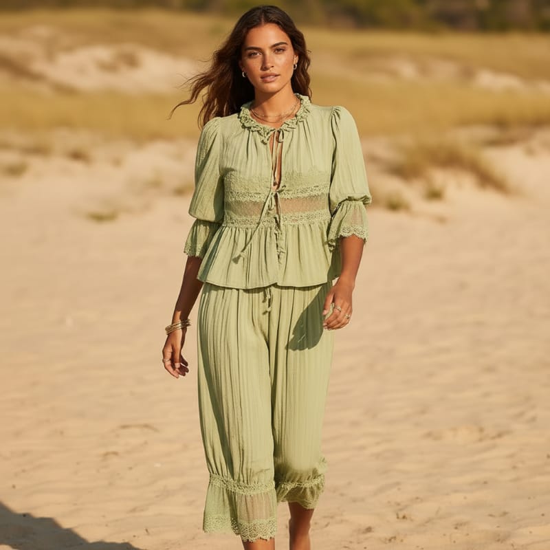 Boho Lace Trim 2-Piece Pants Set
