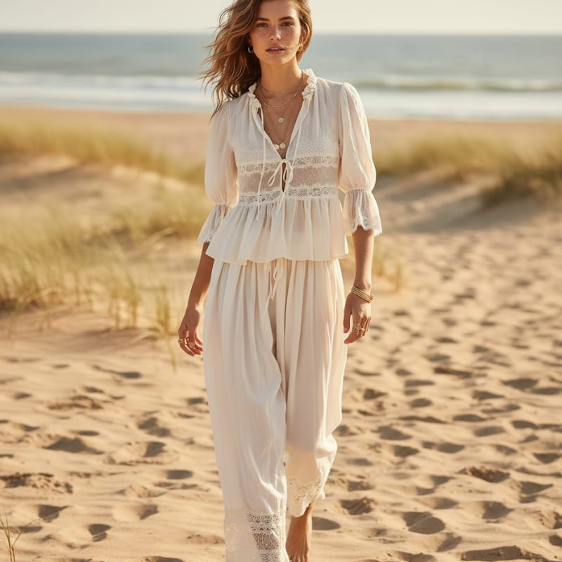 Boho Lace Trim 2-Piece Pants Set