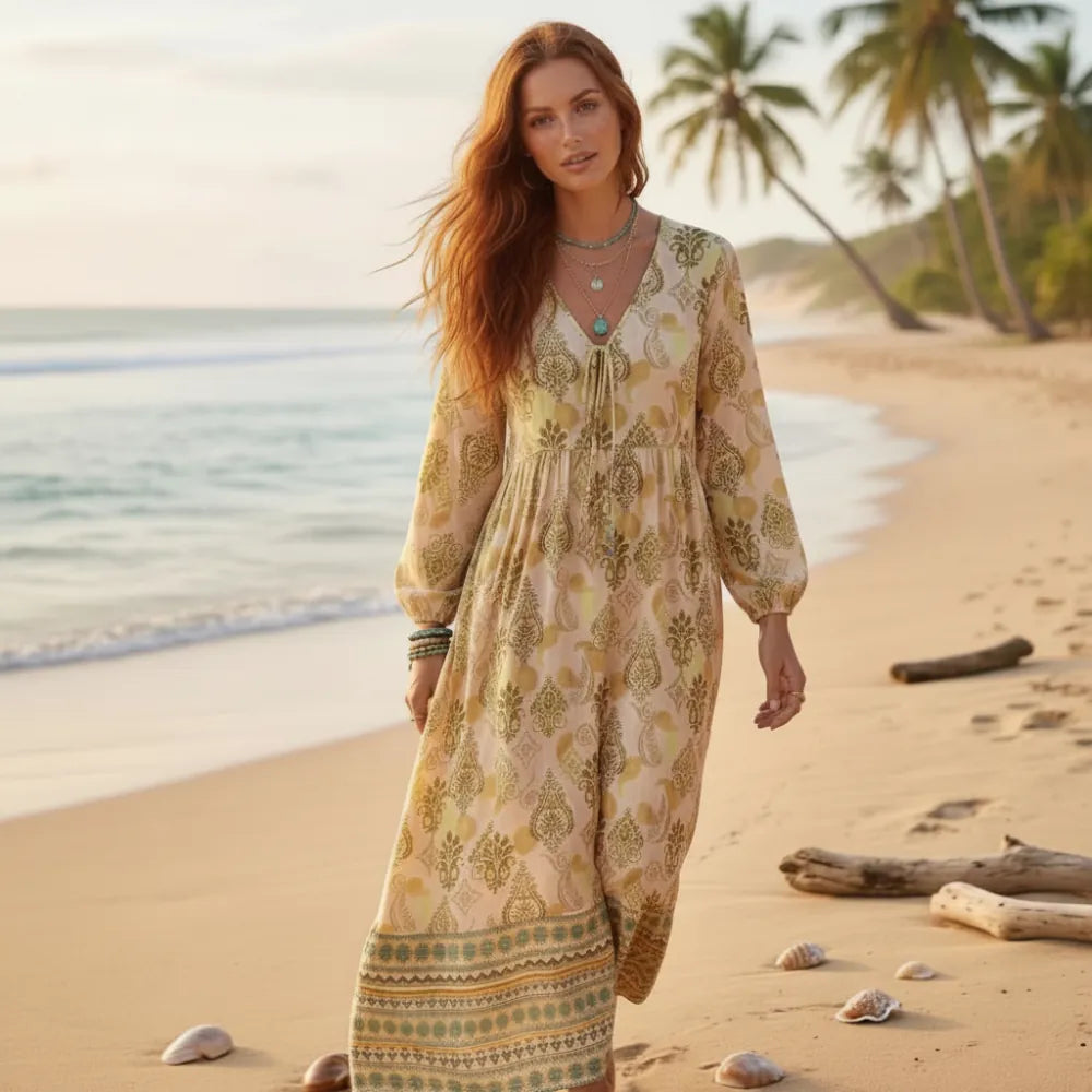 Boho Floral Lace Up Maxi Dress