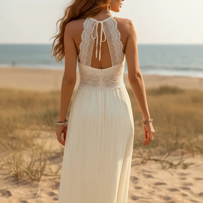 Off White Lace Backless Boho Maxi Dress