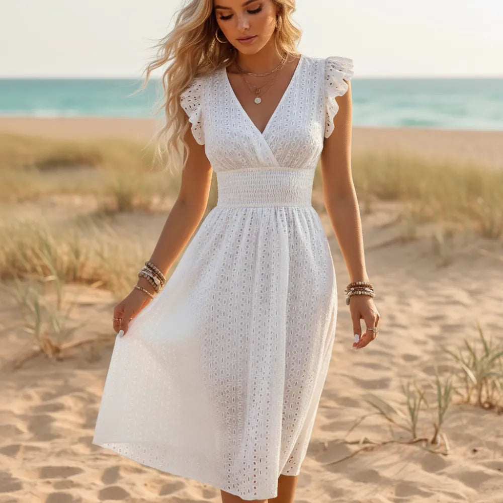 Boho Eyelet Lace Midi Dress