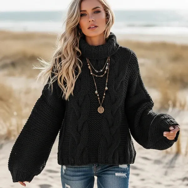 Boho Chunky Knit Turtleneck Sweater