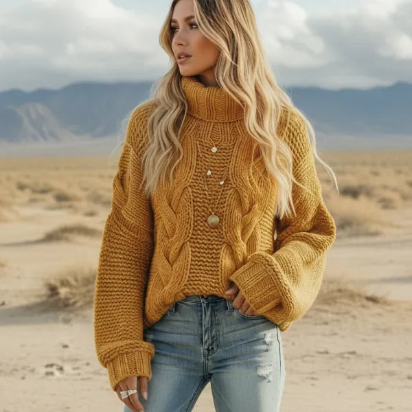 Boho Chunky Knit Turtleneck Sweater