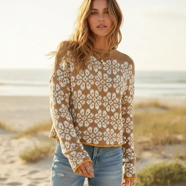 Boho Floral Knit Pullover Sweater