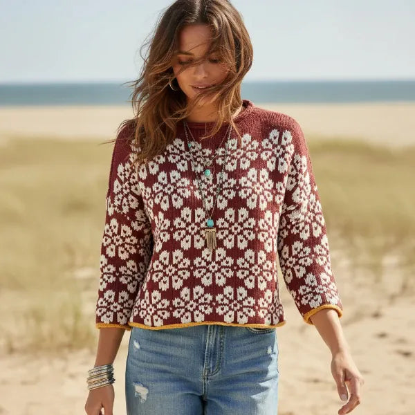 Boho Floral Knit Pullover Sweater