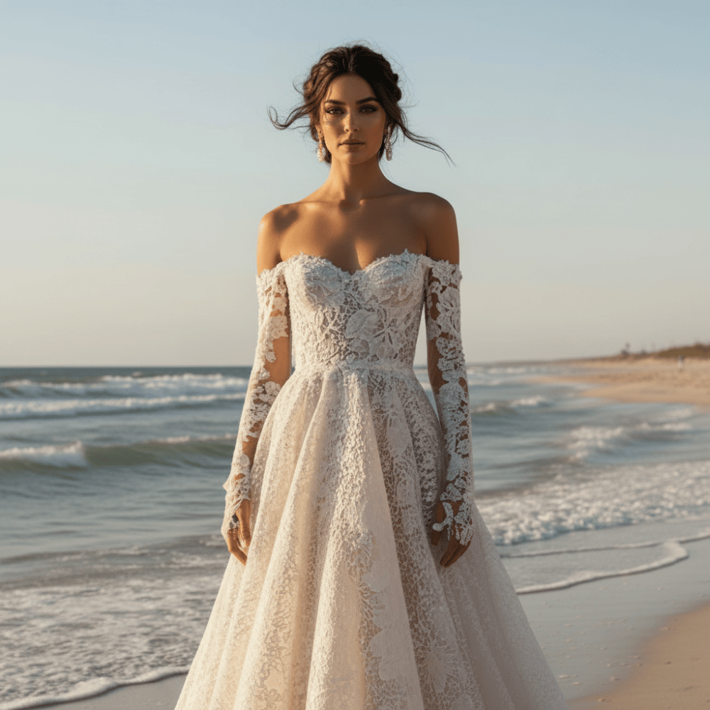 Romantic Off-the-Shoulder Floral Lace Ball Gown Wedding Dress