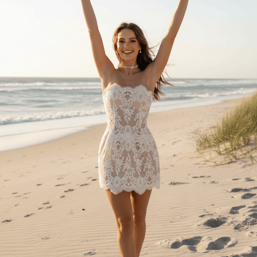 White Strapless Lace Mini Wedding Dress