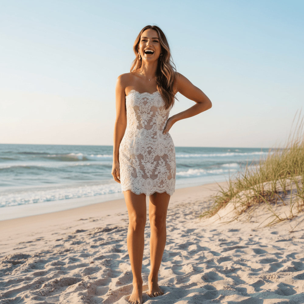 White Strapless Lace Mini Wedding Dress